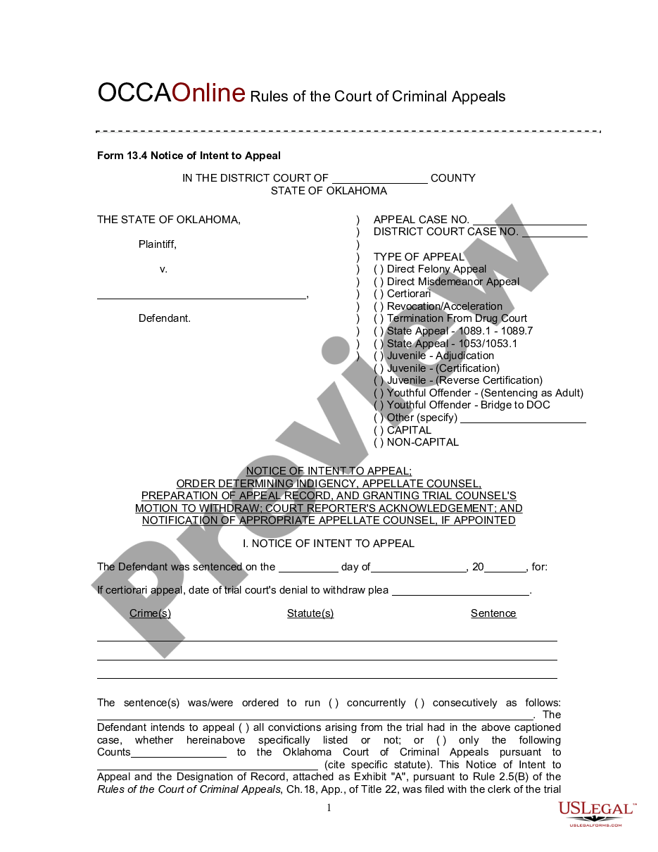 Broken Arrow Oklahoma Form 13 4 Notice Of Intent To Appeal US Legal Forms
