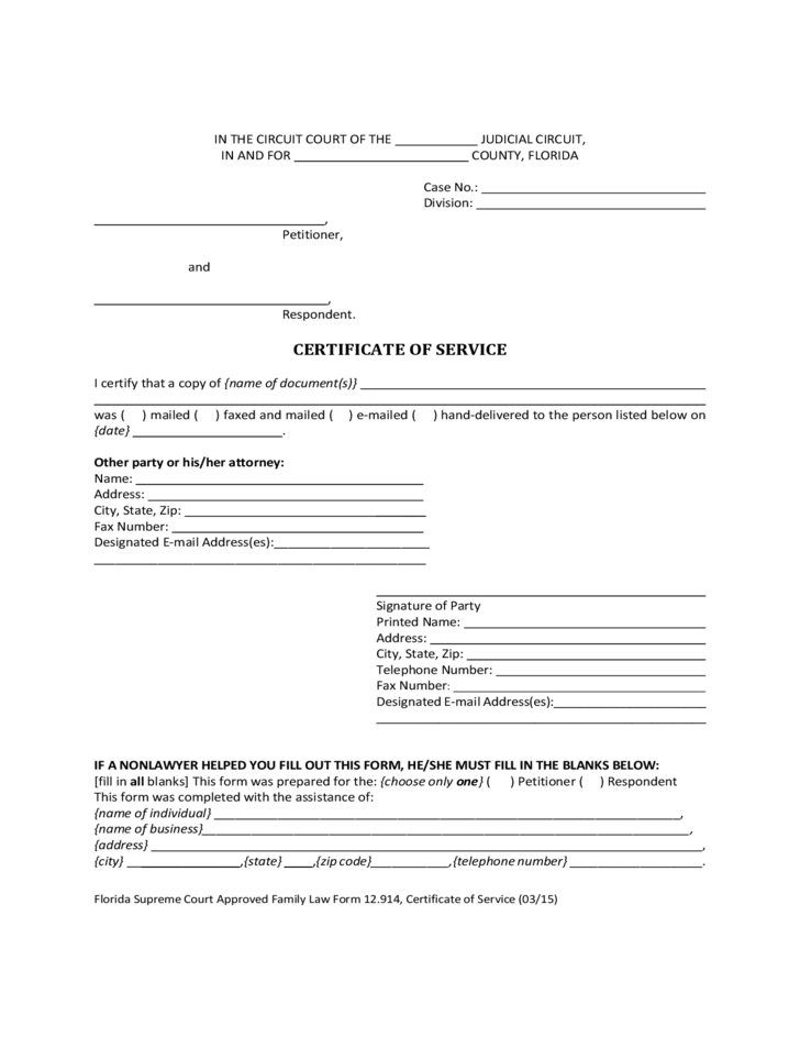 Certificate Of Service Form Florida Free Download