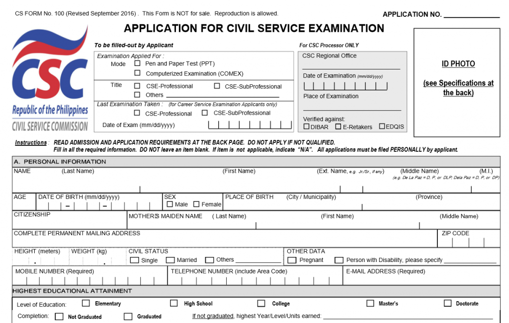 Civil Service Application Form No 100 Download Revised Sept 2016