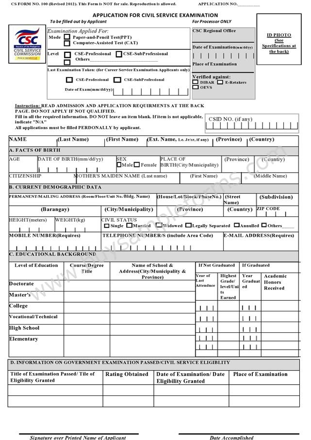 Civil Service Application Form Sample Forms