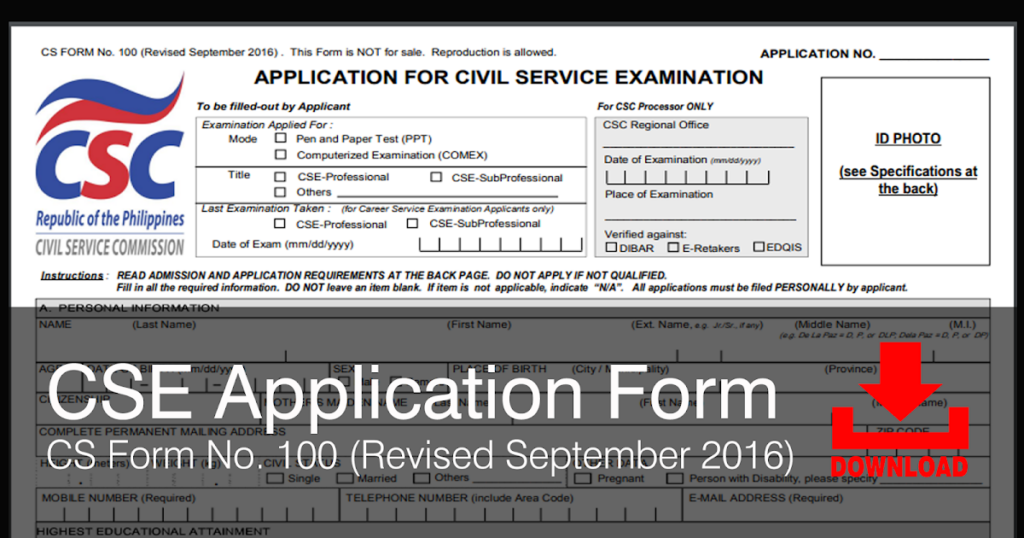 Civil Service Exam PH Civil Service Application Form CS Form No 100