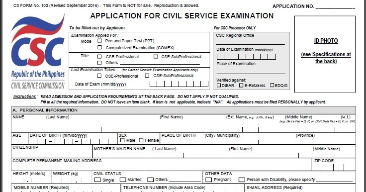 Civil Service Exam PH Civil Service Application Form CS Form No 100
