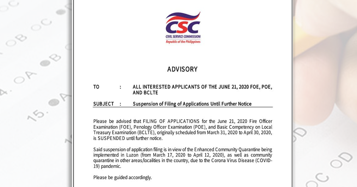 Civil Service Exam PH Suspension Of Filing Of Applications For The