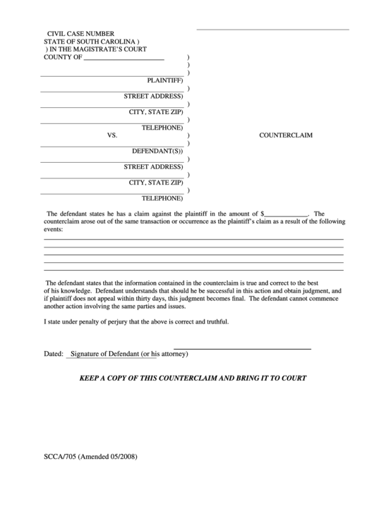 Counterclaim Form State Of South Carolina Printable Pdf Download