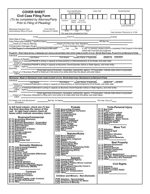 COVER SHEET Civil Case Filing Form Mississippi Supreme Court