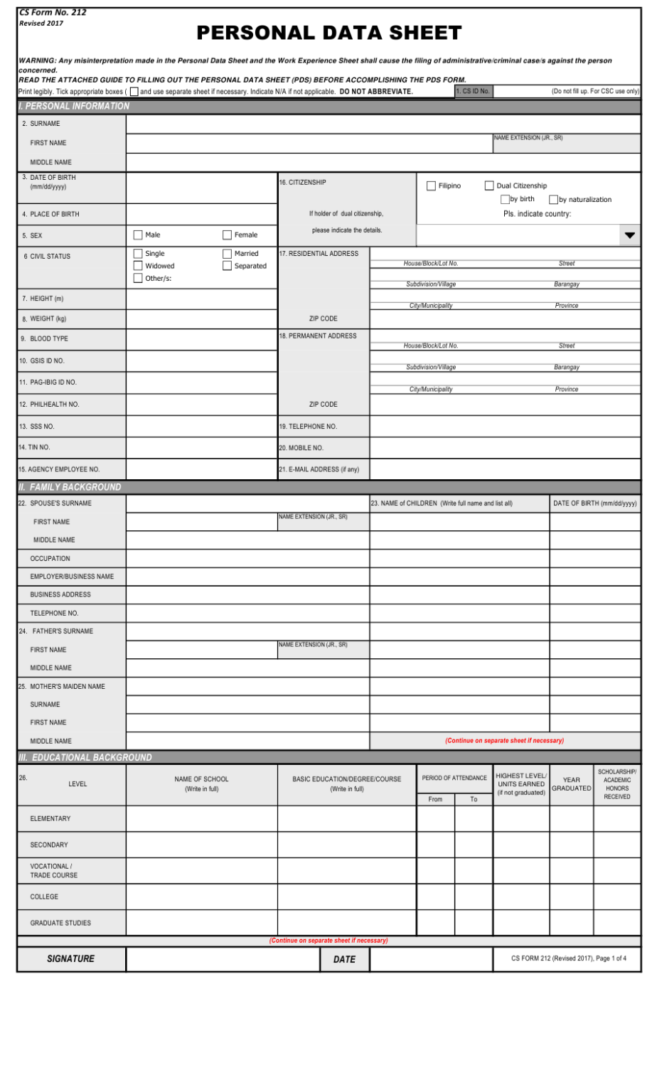 Civil Service Personal Data Sheet Form 212 - Civil Form 2024