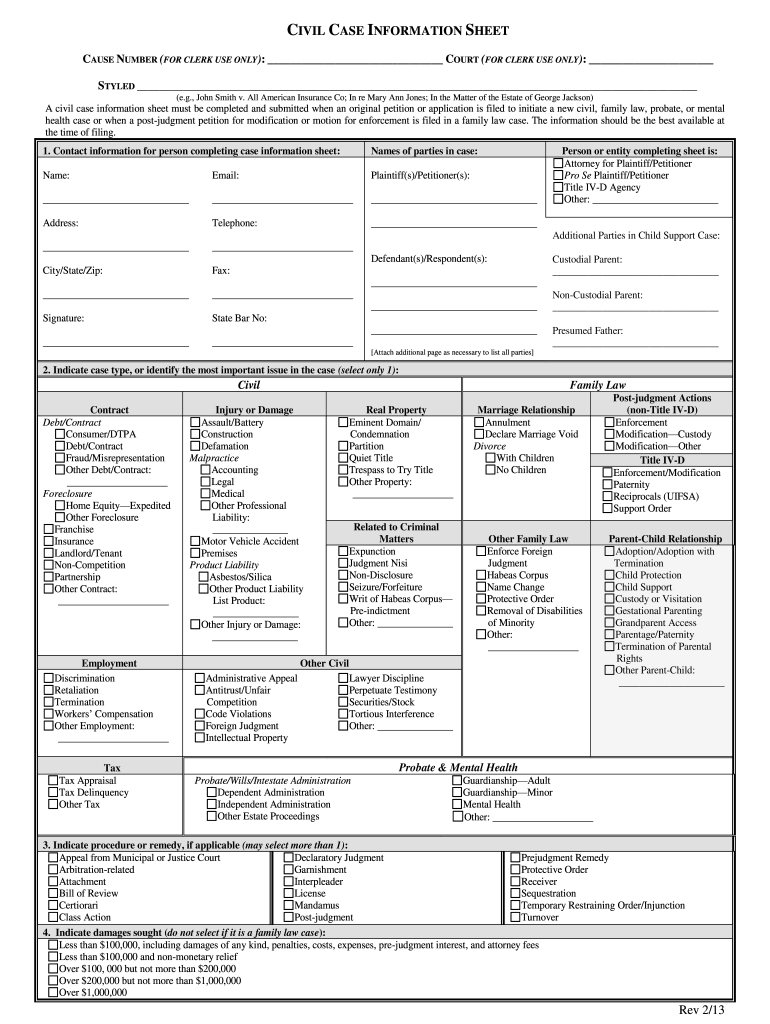 Dallas County Civil Case Information Sheet Fill Out And Sign