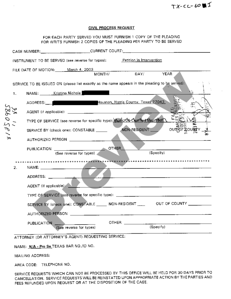 Dallas Texas Civil Process Request US Legal Forms