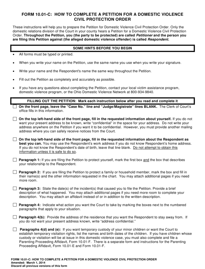 Download Instructions For Form 10 01 D Petition For Domestic Violence 