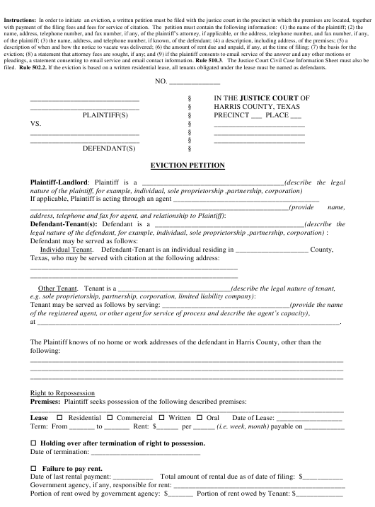 Eviction Petition Form Harris County Texas Download Printable PDF