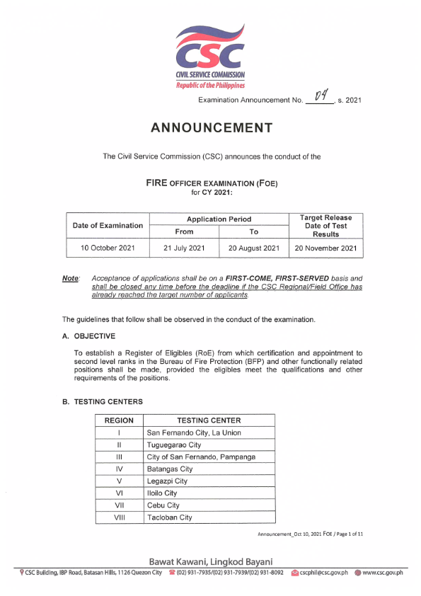 Examination Announcement Civil Service Commission Region VIII