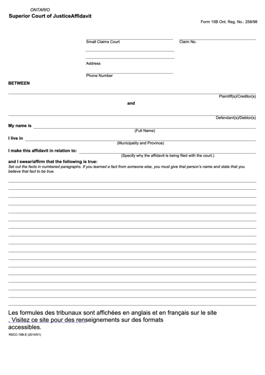 Fillable Affidavit Form 15b Ontario Superior Court Of Justice 