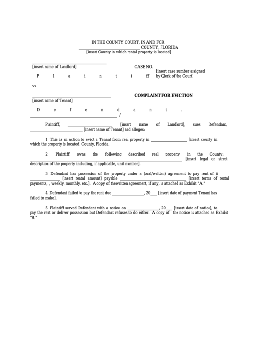 Fillable Complaint For Eviction Florida County Court Form Printable