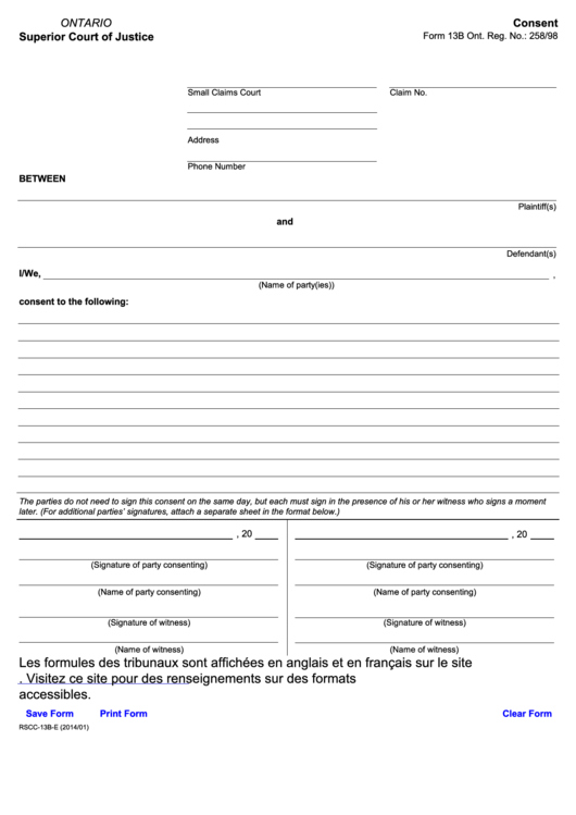 Fillable Consent Form 13b Ontario Superior Court Of Justice Printable