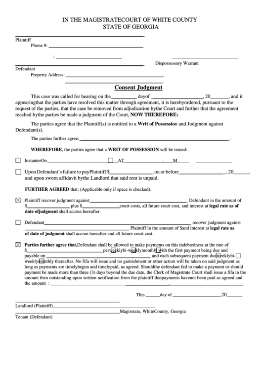 Fillable Consent Judgment Form State Of Georgia Printable Pdf Download