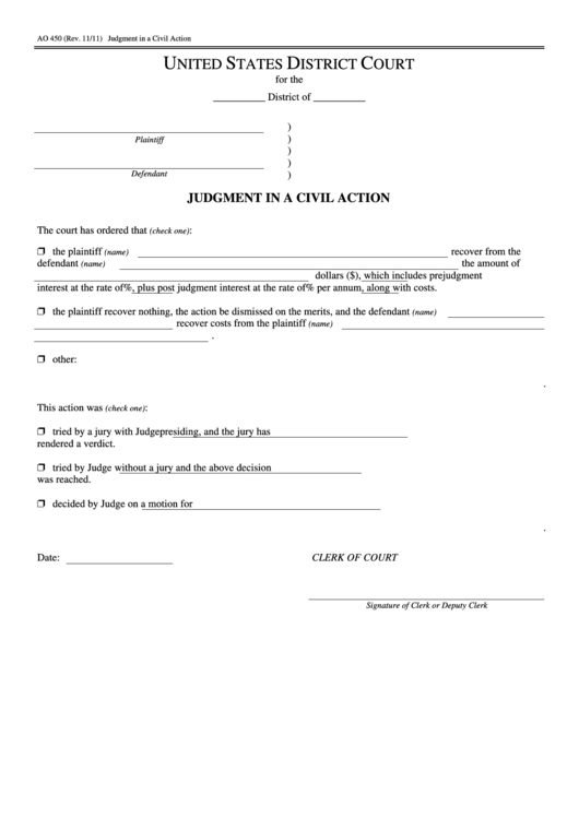 Fillable District Court Form Judgment In A Civil Action Printable Pdf 