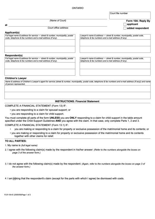Fillable Form 10a Reply By Ontario Court Forms Printable Pdf Download