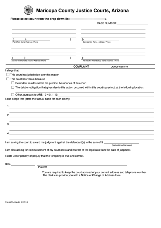 Fillable Form Cv 8150 100 Complaint Maricopa County Justice Courts