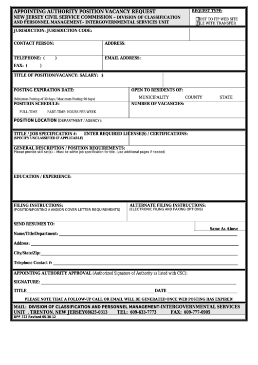 Fillable Form Dpf 722 Appointing Authority Position Vacancy Request