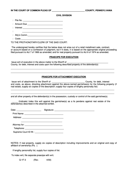 Fillable Form Q 1f 3 Praecipe For Execution Form Court Of Common