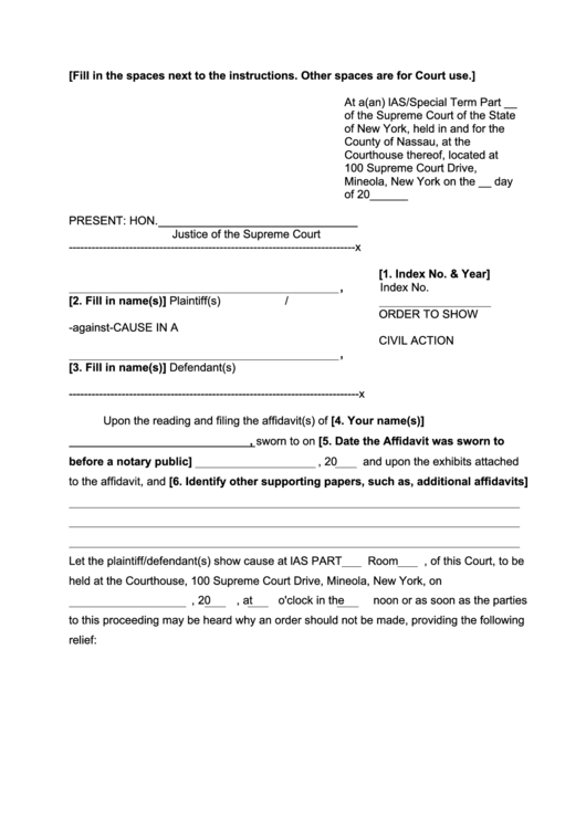 Fillable Order To Show Cause In A Civil Action New York Supreme Court