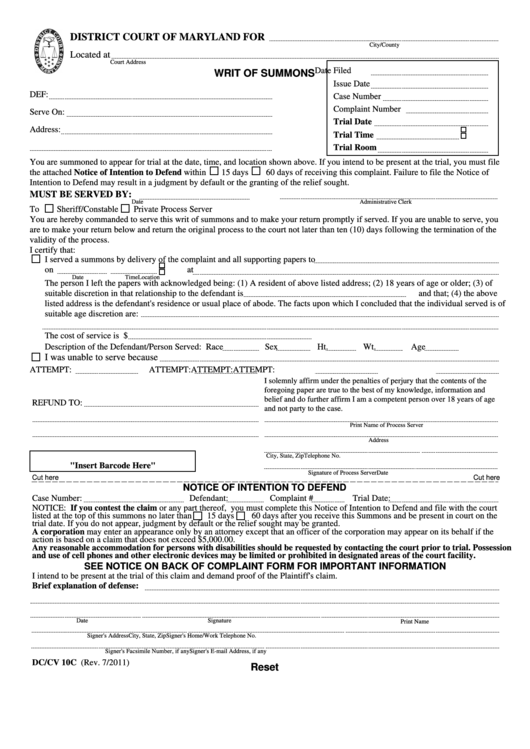 Fillable Writ Of Summons District Court Of Maryland Printable Pdf Download