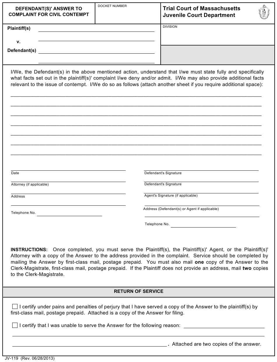 Form JV 119 Download Fillable PDF Or Fill Online Defendant S Answer