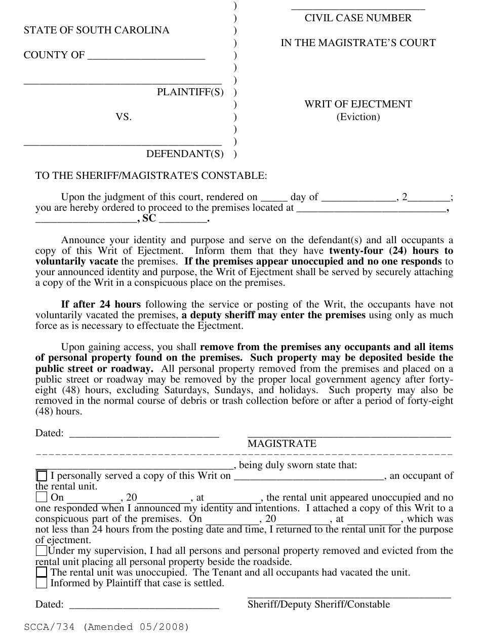 Form SCCA 734 Download Fillable PDF Or Fill Online Writ Of Ejectment