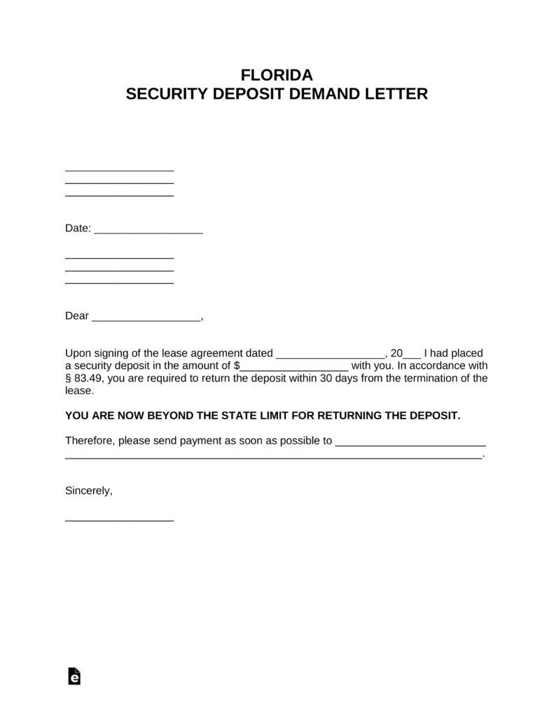 Free Florida Security Deposit Demand Letter PDF Word EForms