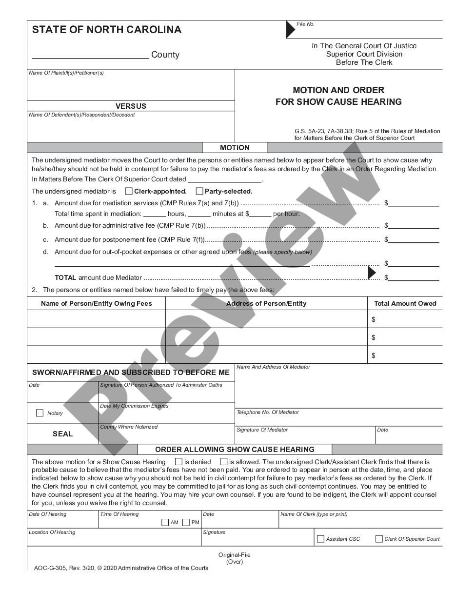 North Carolina Motion And Order For Show Cause Hearing Motion Order