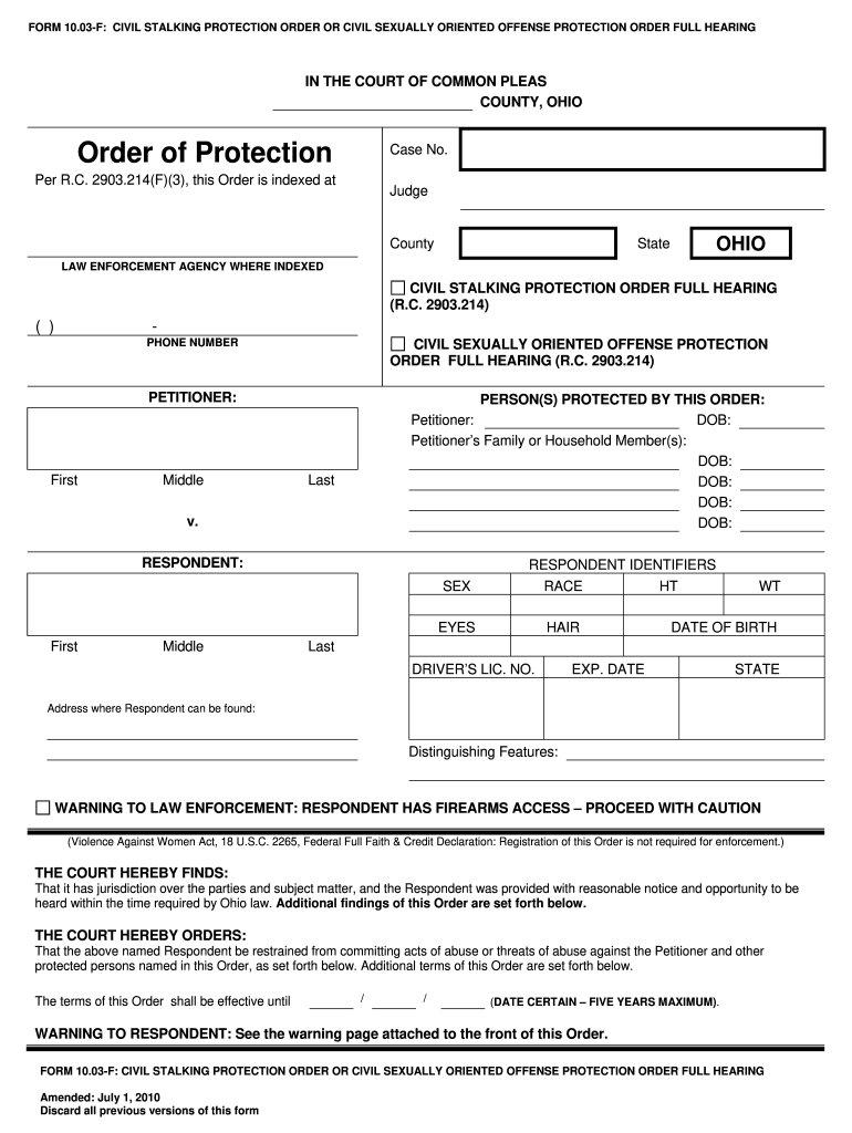 Oh Order Of Protection Fill Online Printable Fillable Blank