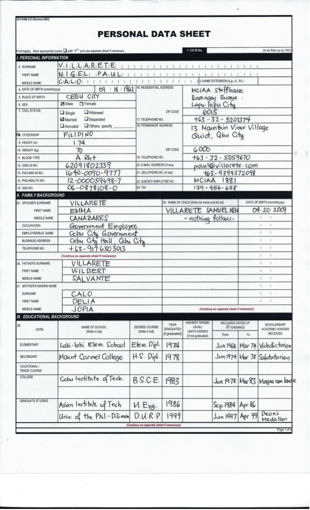 Personal Data Sheet PDS Civil Service Commission Villarete NPC Data