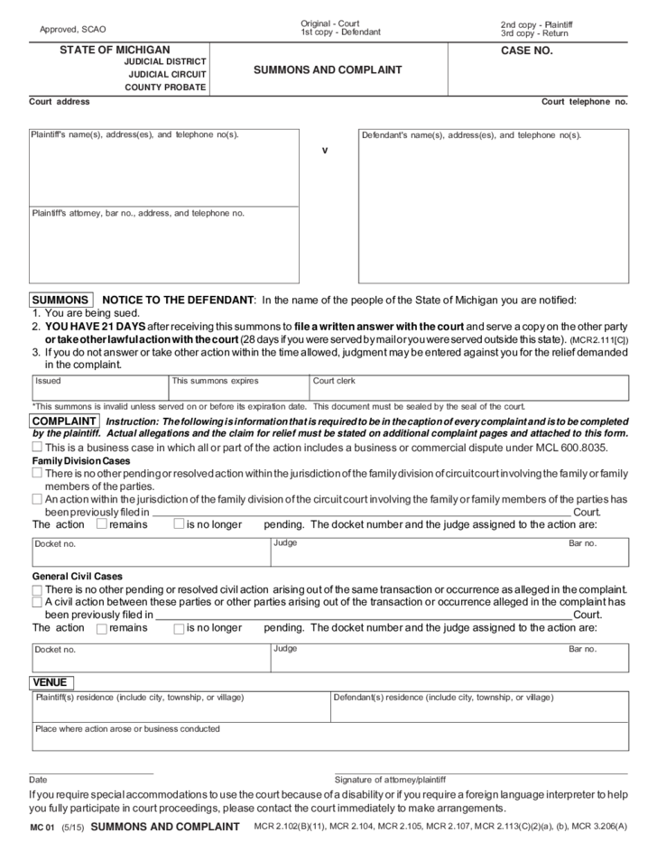 Summons And Complaint Michigan Free Download