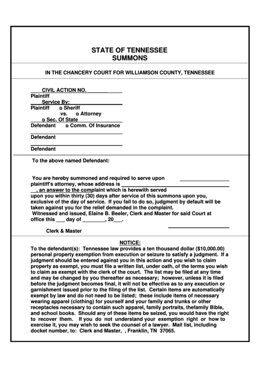 Summons Chancery Court Williamson County State Of Tennessee