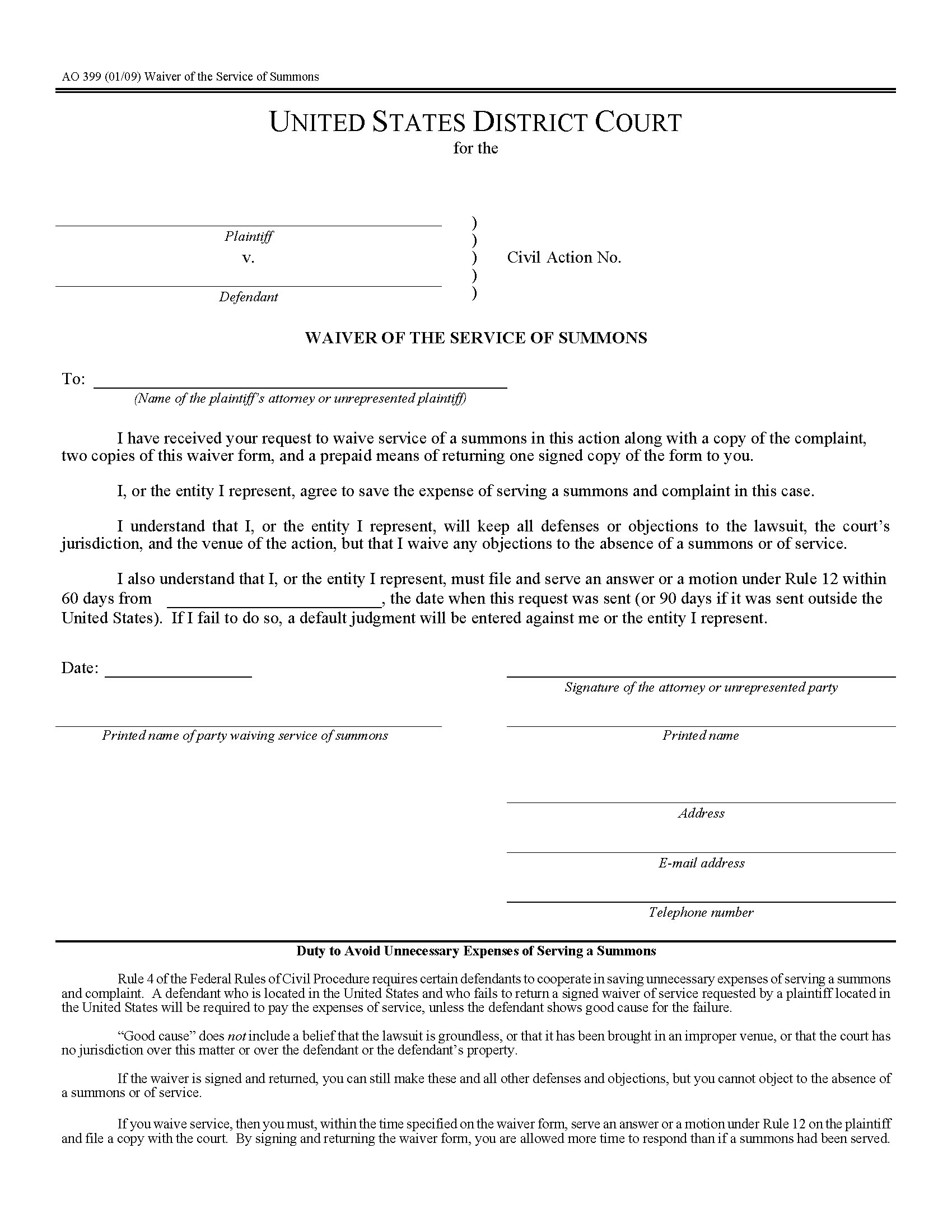 USA Waiver Of Service Of Summons Form AO399 Legal Forms And Business