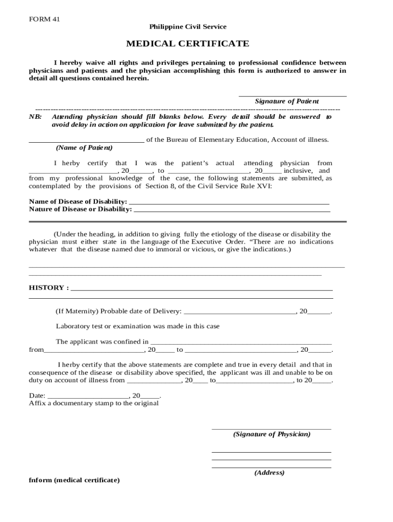 C S 41 PHILIPPINE CIVIL SERVICE MEDICAL CERTIFICATE Doc Template