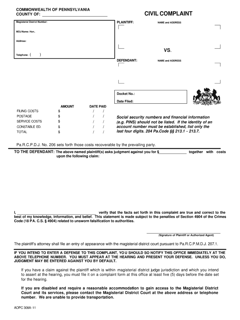 Civil Complaint Form Pa Fill Online Printable Fillable Blank