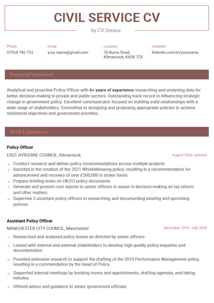 Civil Service CV Example Template Free Download