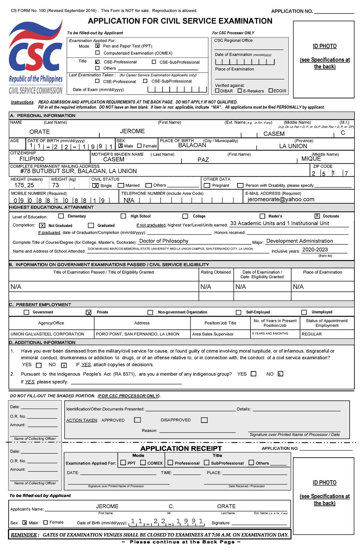 CIVIL SERVICE Form 100 PROFESSIONAL APPLICATION FOR CIVIL SERVICE