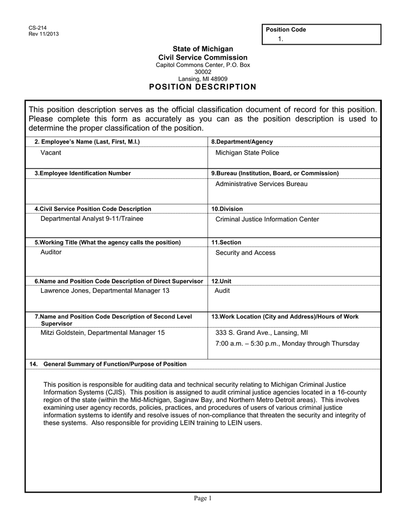 CS 214 Position Description Form