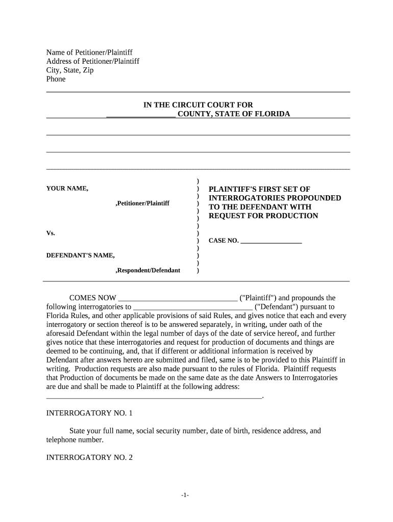 Discovery Interrogatories From Plaintiff To Defendant With Production 