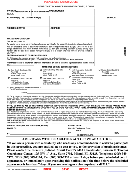 Fillable Residential Eviction Summons Florida County Court Printable