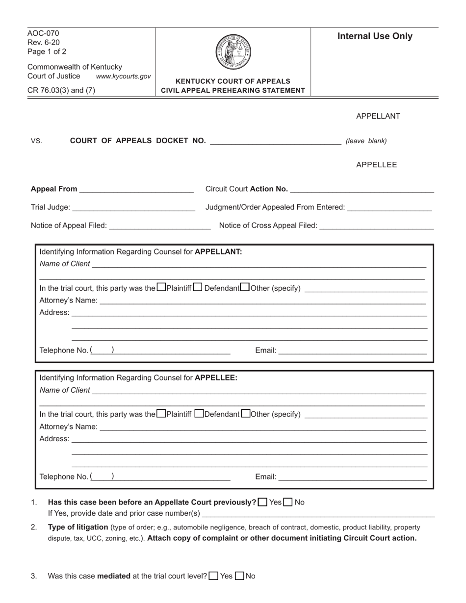 Form AOC 070 Download Fillable PDF Or Fill Online Kentucky Court Of