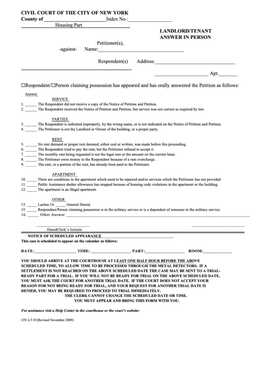 Form Civ Lt 91 Civil Court Of The City Of New York Printable Pdf Download