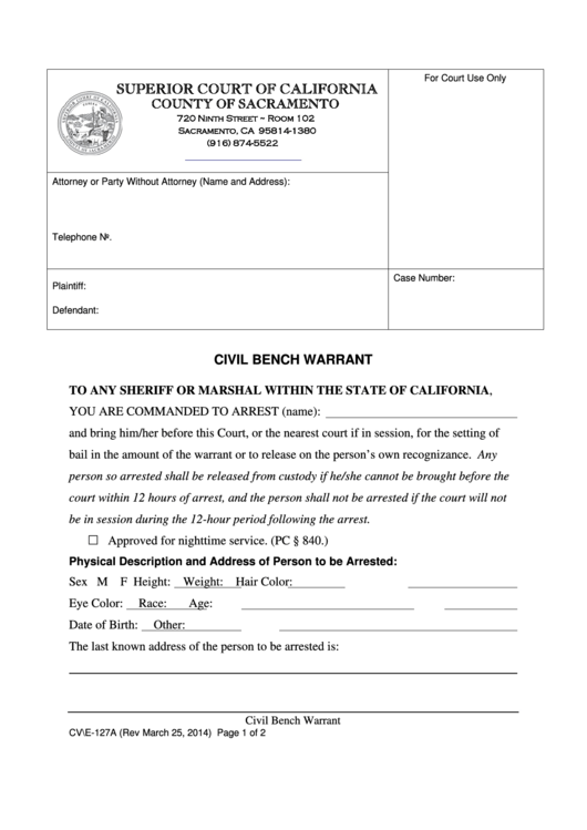 Form Cv E 127a Civil Bench Warrant Printable Pdf Download CountyForms