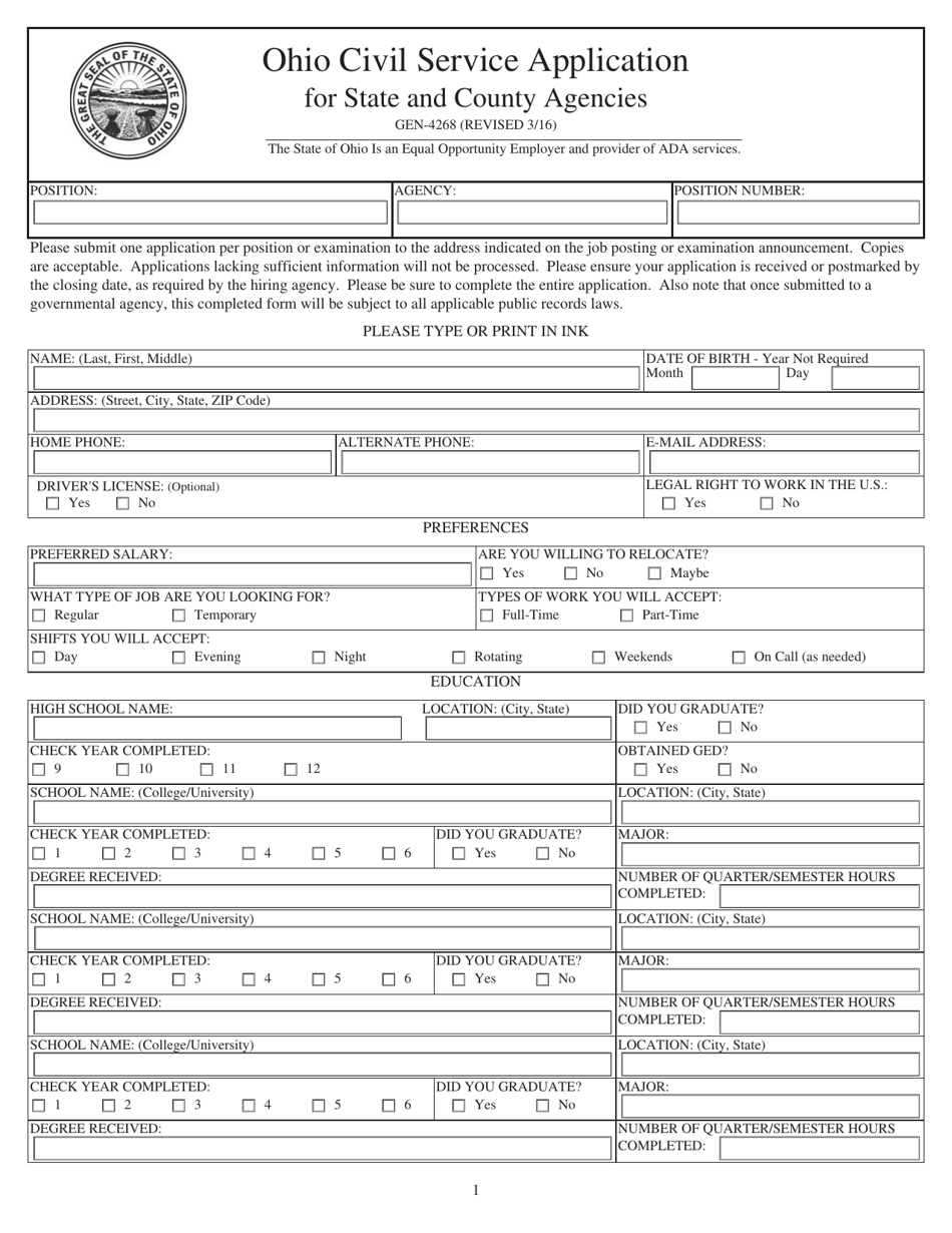 Form GEN 4268 Download Fillable PDF Or Fill Online Ohio Civil Service
