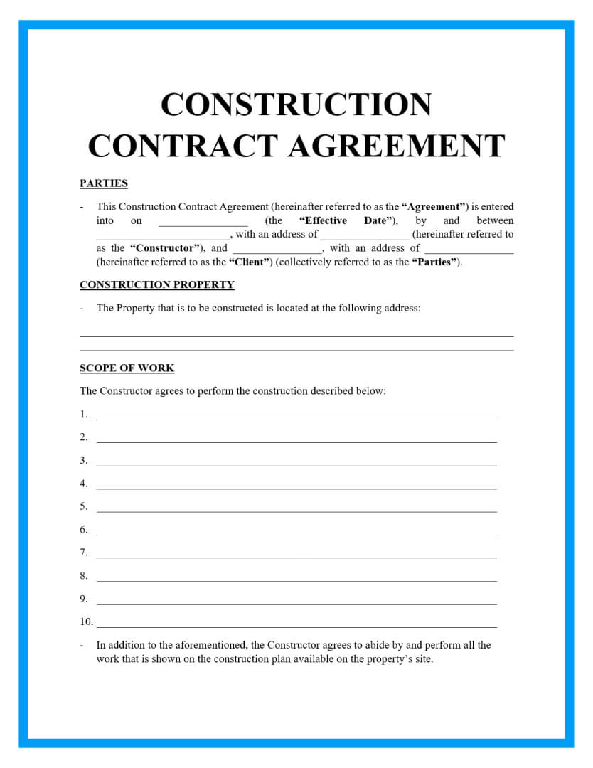 Free Construction Contracts Template 2022