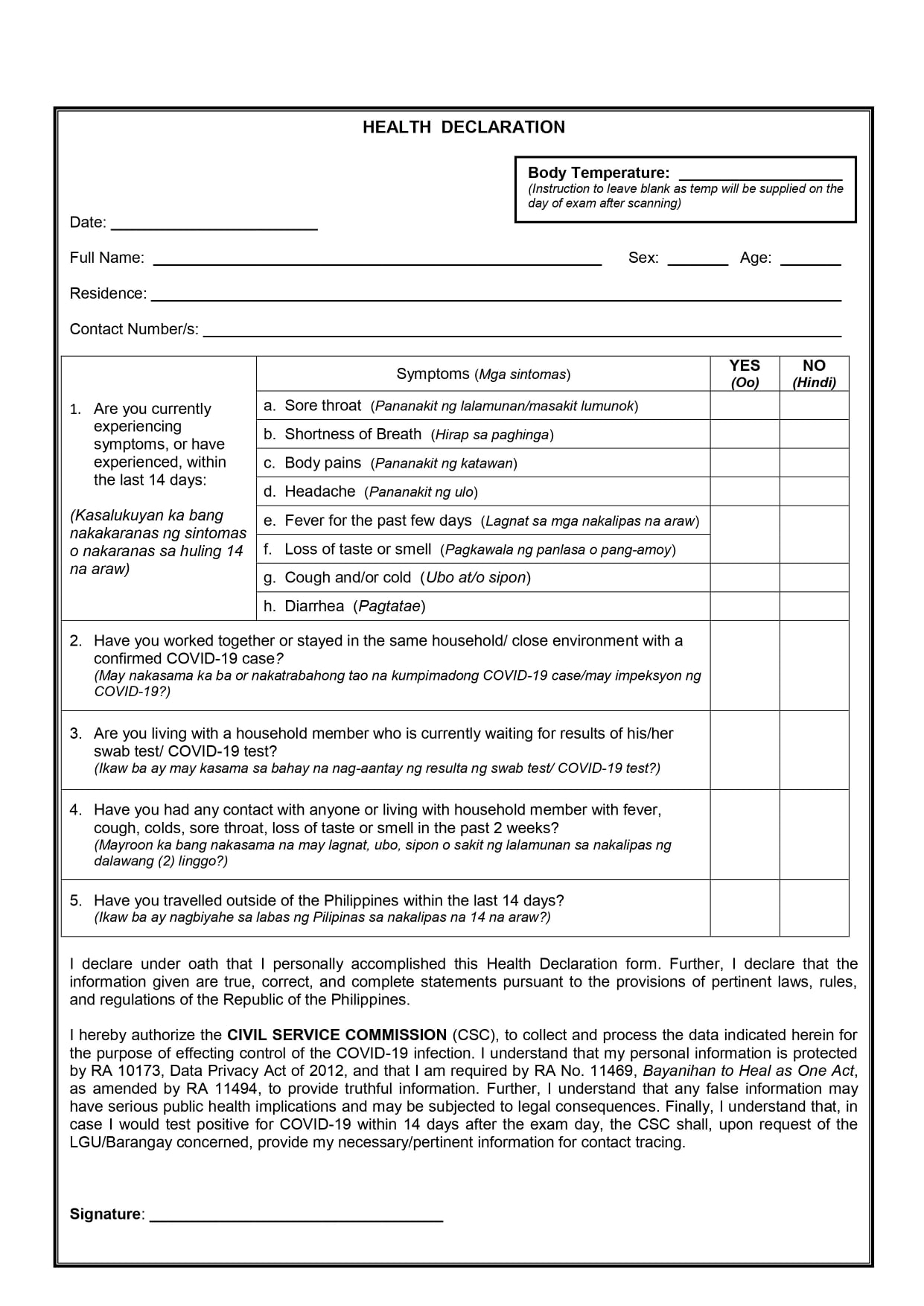 Health Declaration Form For CSC Exam Download NewsToGov