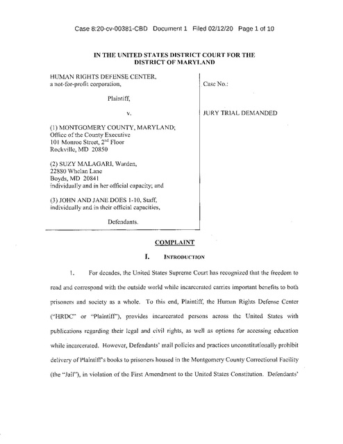 HRDC V Montgomery County MD Complaint Mail Policies 2020 Prison 