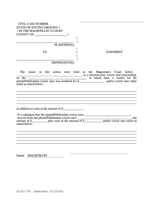 Judgement Magistrate S Court State Of South Carolina Printable Pdf 